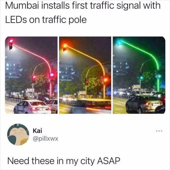 Traffic Light Signals With LEDs On The Traffic Pole