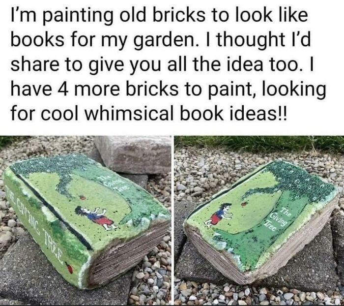 Bricks Painted Like Books As Garden Décor