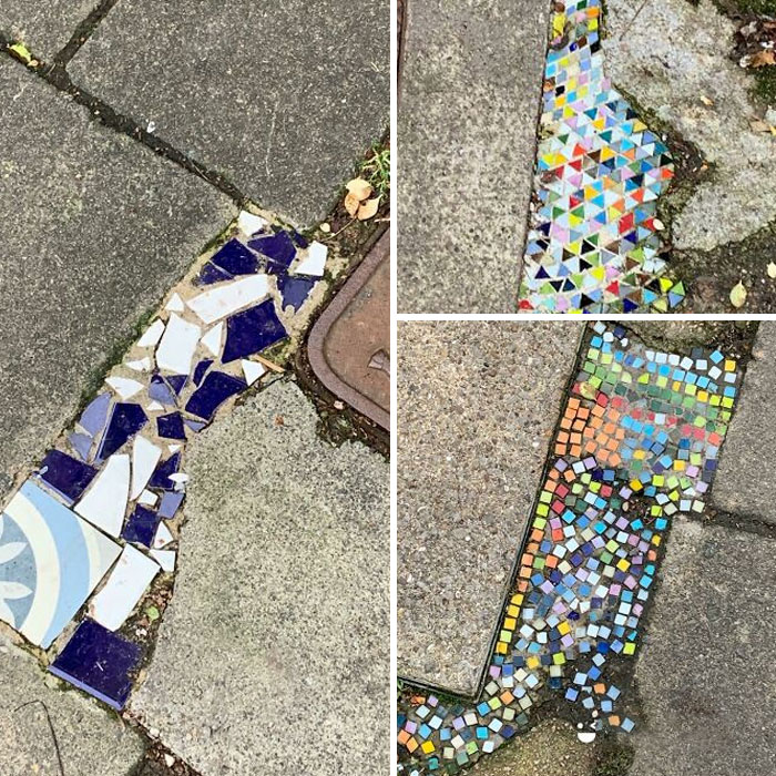Someone In My Neighborhood Has Been Filling In Cracks In The Pavement With Mosaic!