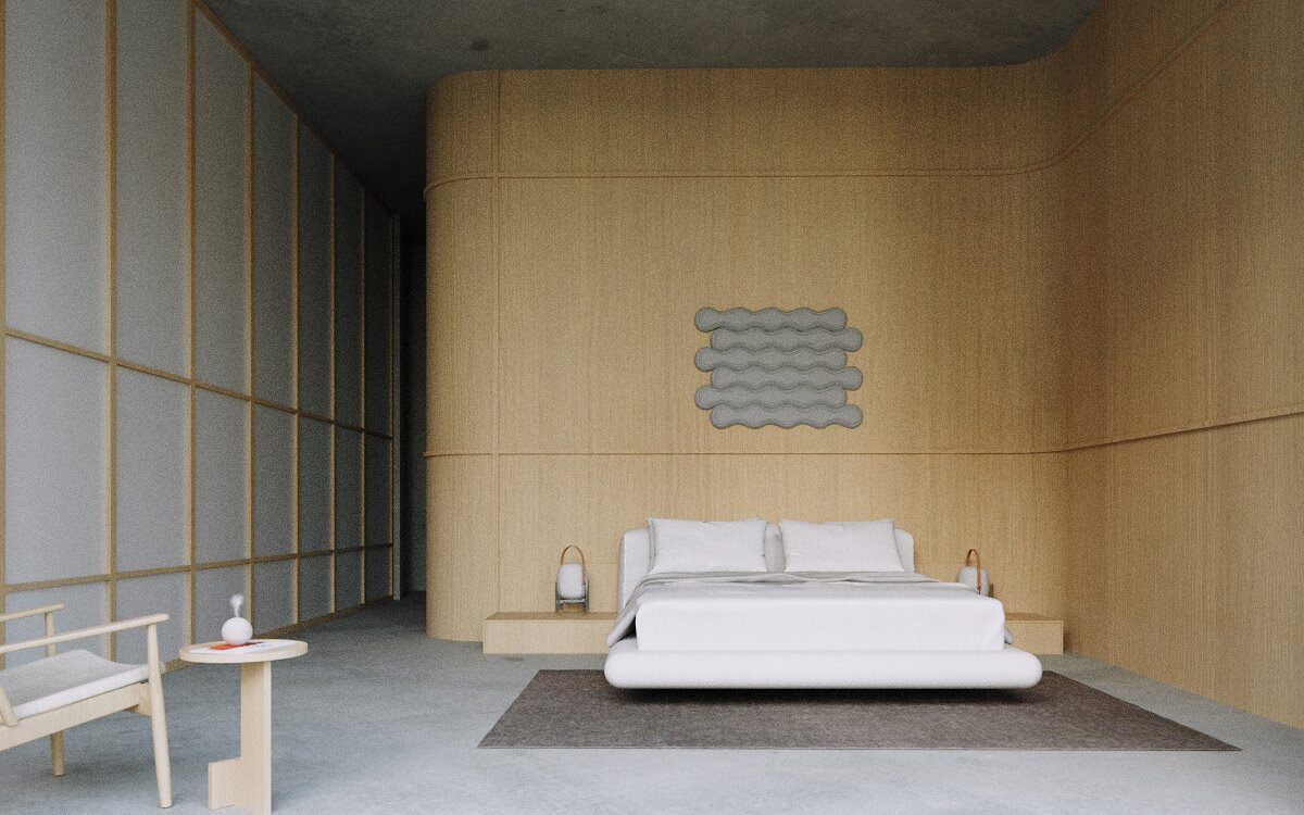 In this minimalist bedroom design, towering wall height builds a unique palatial atmosphere.