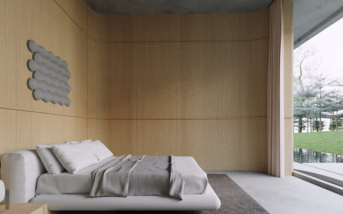 Wooden wall panels curvaceously navigate the space.