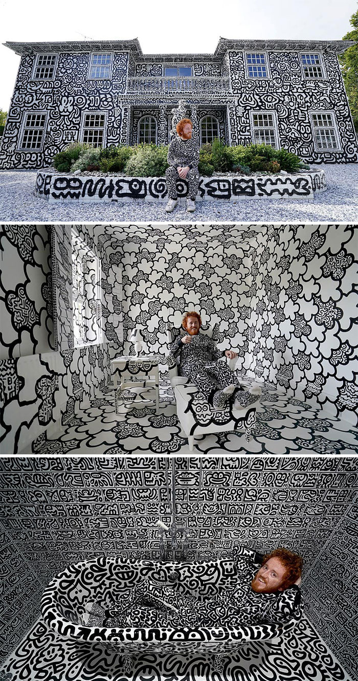 Artist Mr. Doodle Has Spent Two Years Covering Every Square Inch Of His £1.35million House In Doodles, Working His Way Through 900 Litres Of Emulsion, 401 Cans Of Spray Paint, 286 Bottles Of Drawing Paint, And 2,296 Pen Nibs