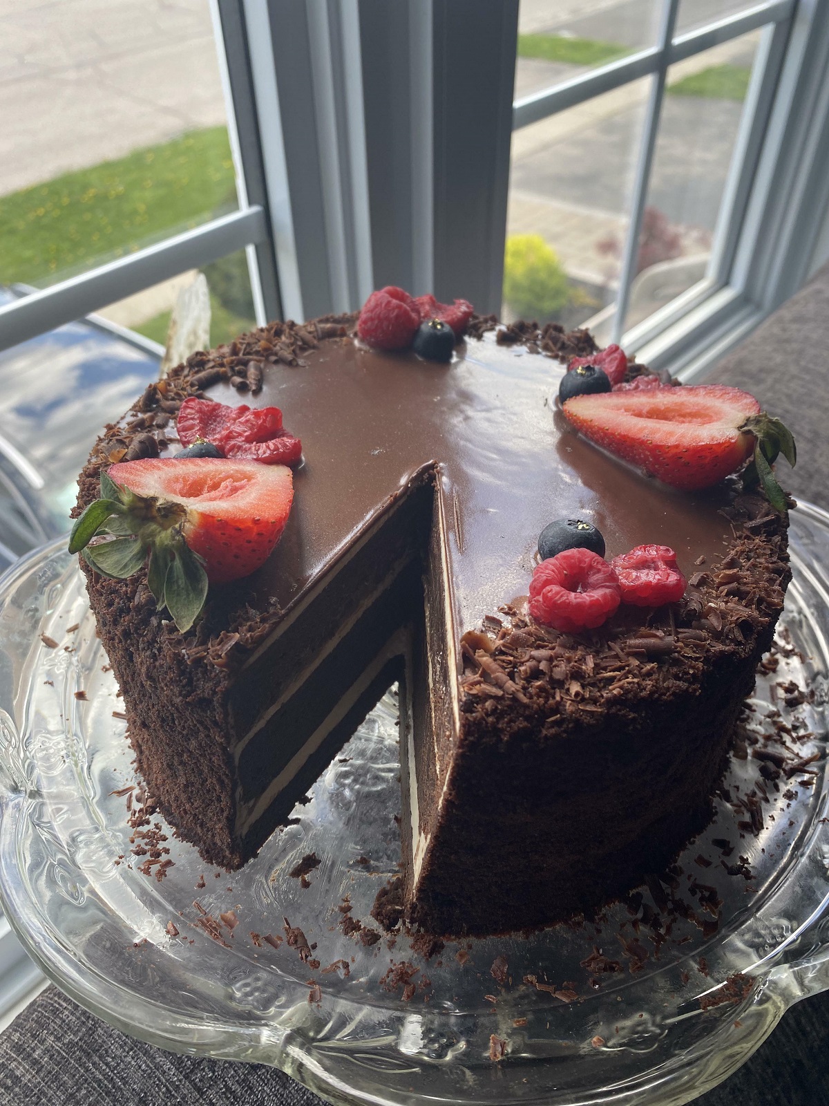 I Made My Birthday Cake! It's A Chocolate Espresso Cake With A Chocolate Cremeux, Espresso Swiss Meringue Buttercream, And A Dark Chocolate Glaze!