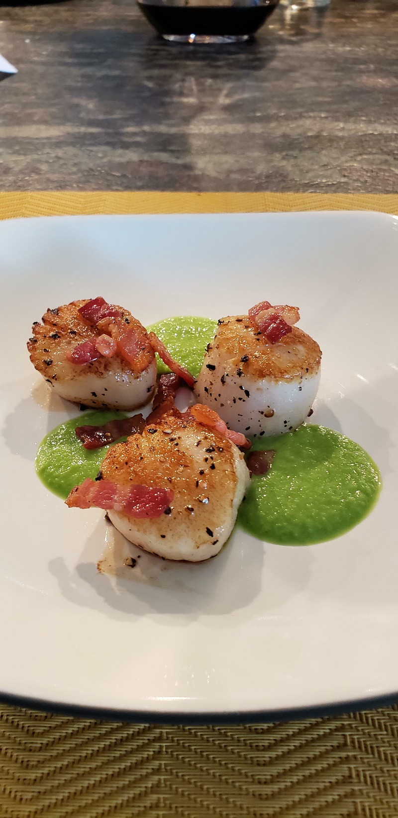 My 18yo Son Just Made Me Seared Scallops With A Pea Puree And Caramelized Bacon For My 49th Birthday. 1st Course!