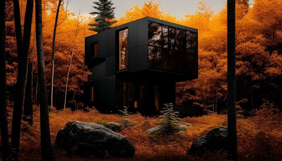 Black Concrete House In The Middle Of Wood during The Autumn Season