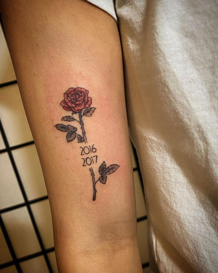 Rose With Birth Years Tattoo