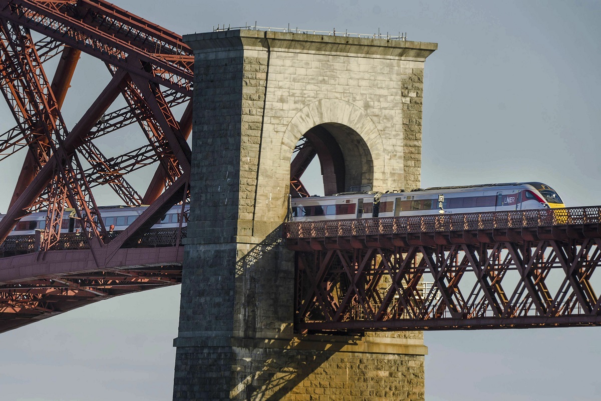 The Lner Azuma Train Crosses Edinburgh's Forth Bridge