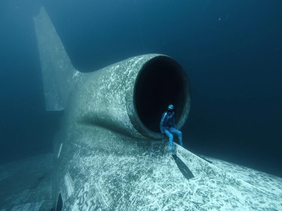 A Free Diver Sitting In The Engine Of A Sunken Plane