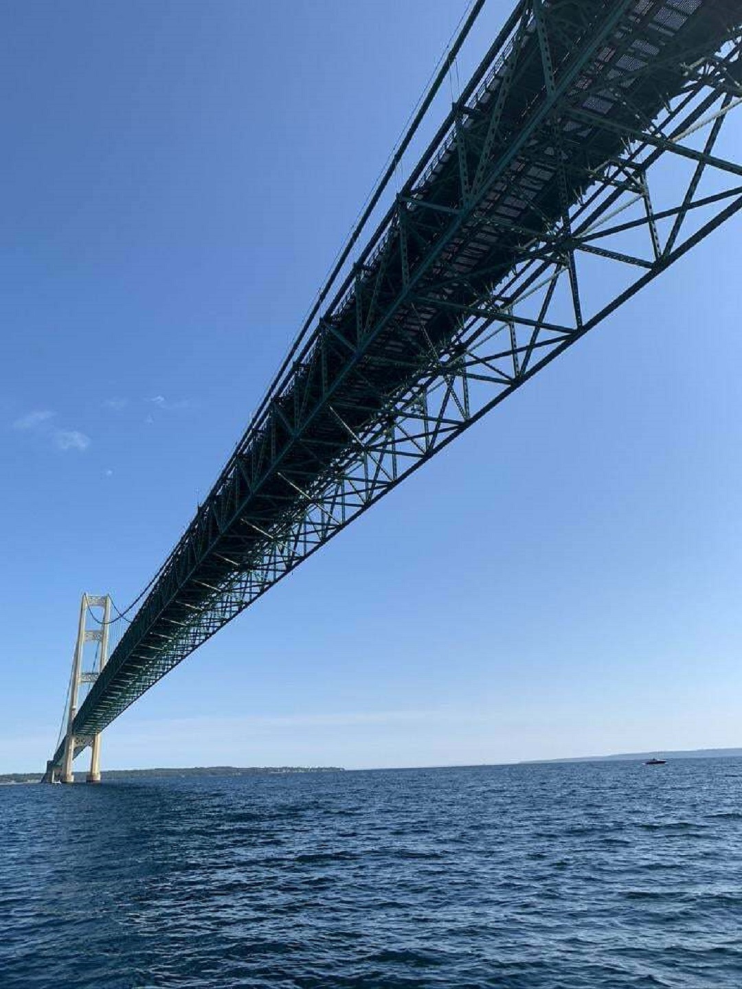 Sailing Under The Five-Mile Long Mackinaw Bridge - Connecting Michigan's Upper And Lower Peninsula