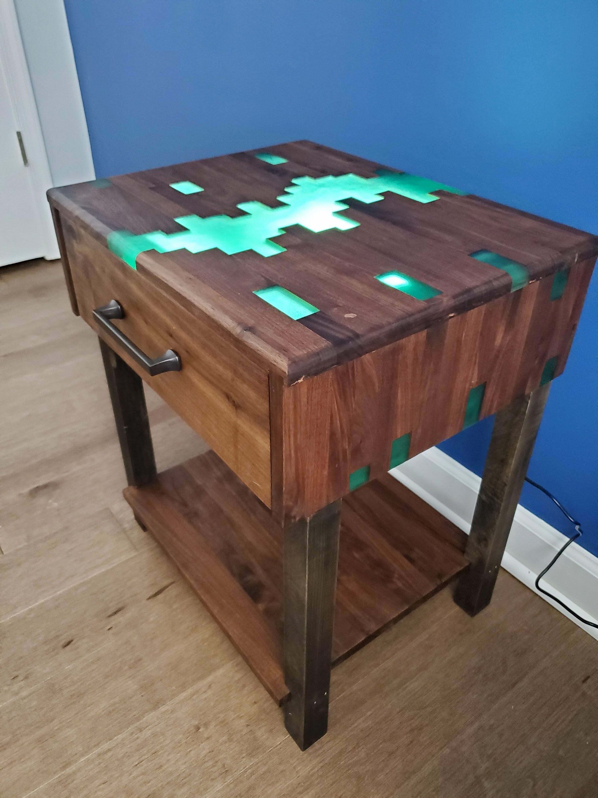 Walnut Side Table With Epoxy. LED Light Strip Underneath For Lighting Effect