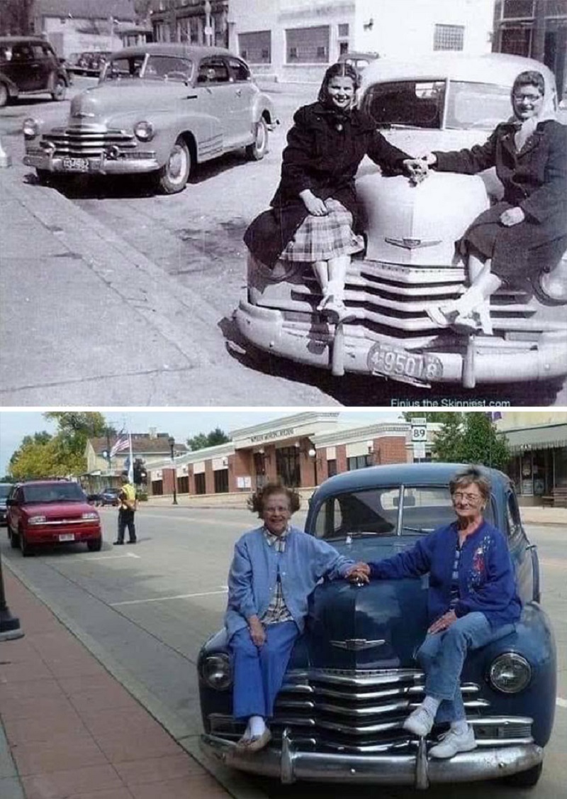 Sitting On Their 1947 Chevrolet In Front Of A Diner, And Then 63 Years Later