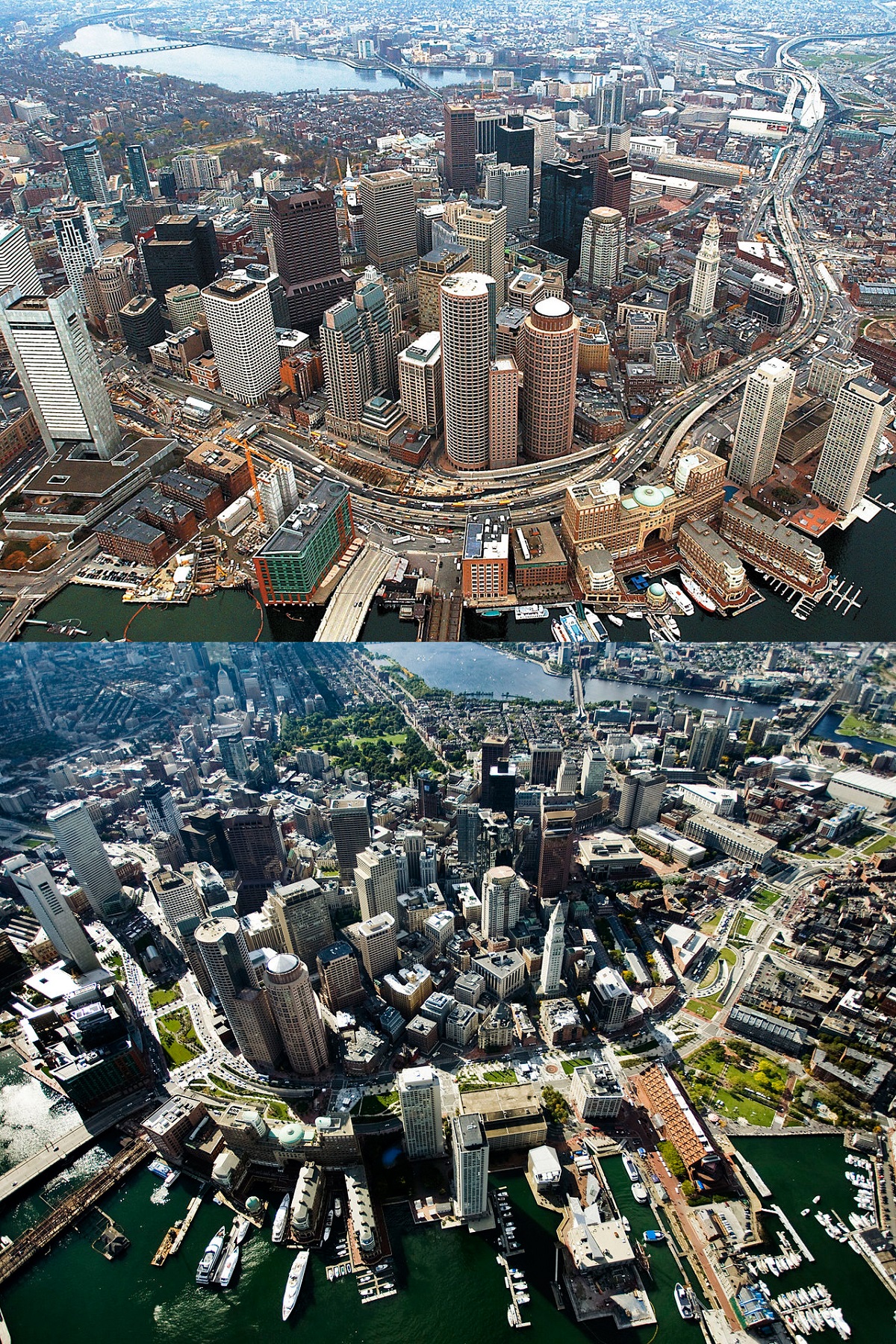Boston - Elevated Highway Moved Underground, Replaced With Green Space. (1990s Vs. The 2010s)
