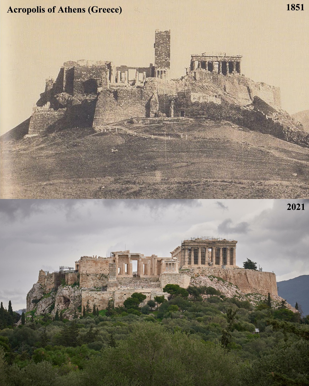 Acropolis Of Athens (Greece) 1851 Vs. 2021
