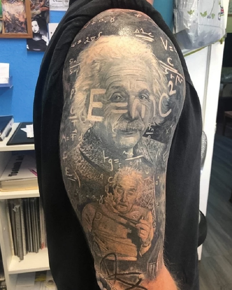 Realistic Albert Einstein Arm Sleeve Tattoo