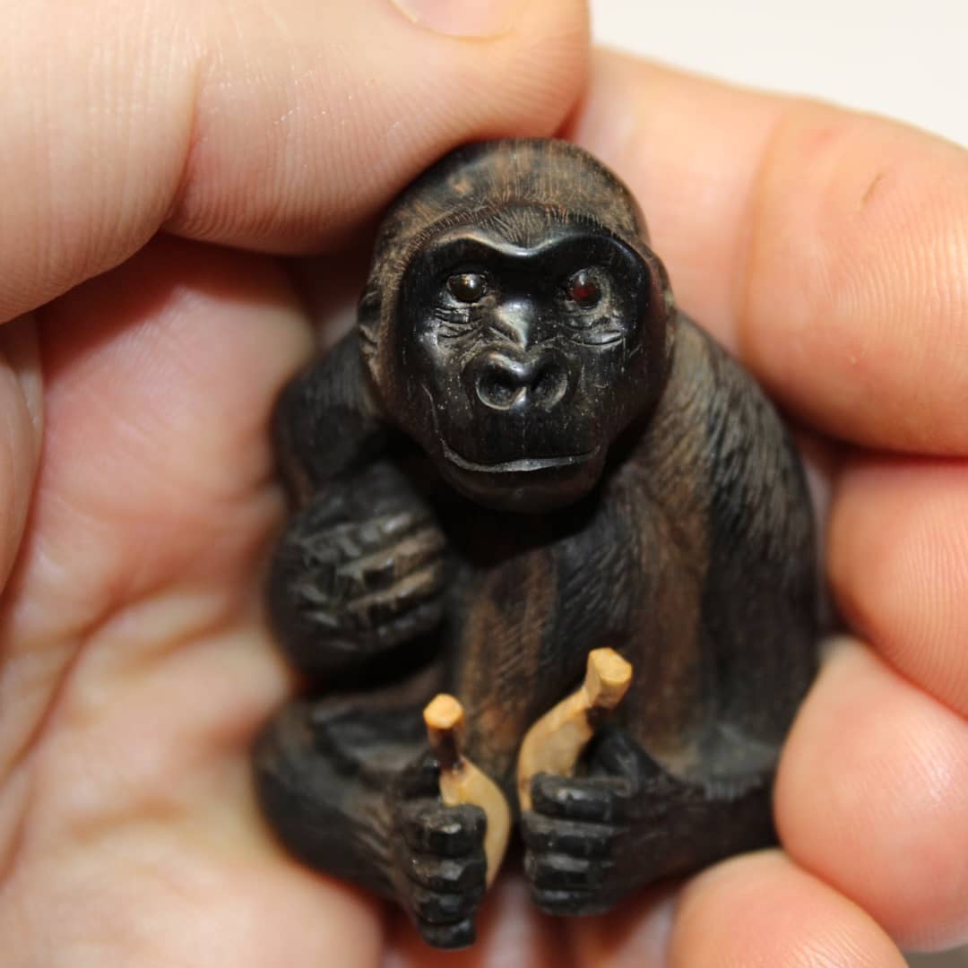 I Hand Carved This Ebony Gorilla With Amber Eyes And Boxwood Bananas