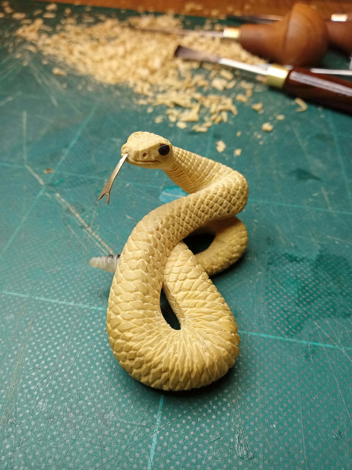 Rattlesnake, Hand Carved In Boxwood, Horn Eyes, And Rattle, And Silver Tongue