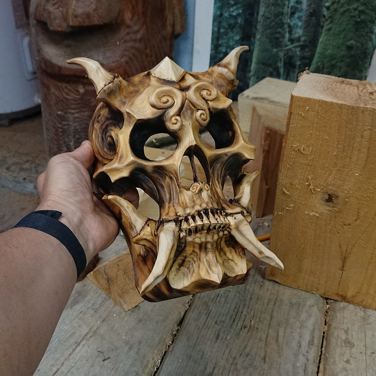 The Covid Devil. Carved With Power Tools, Finished With Hand Tools, Torched Lightly, Oiled. OC Covid Summer Project, Off And On Since July