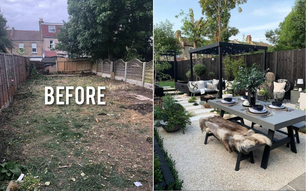 Before And After Backyard With Black Pergola