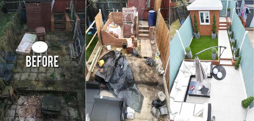 Before And After Backyard With Couch And An Umbrella