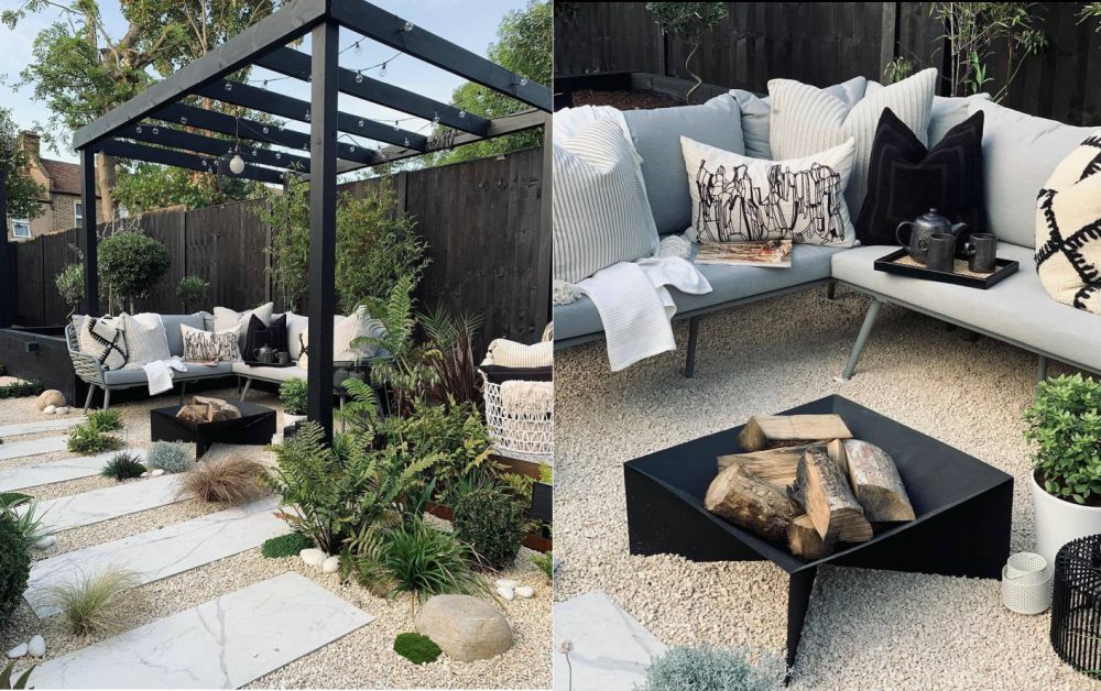 Before And After Backyard With Black Pergola