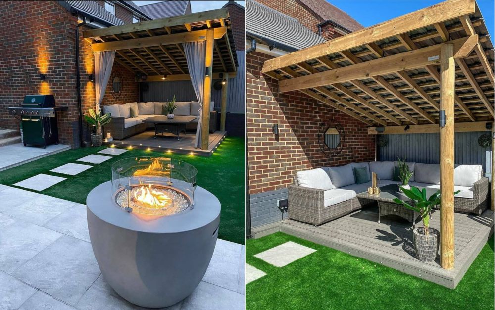 Before And After Backyard With White Fireplace