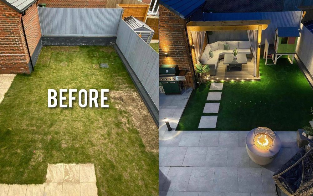 Before And After Backyard With White Tiles And Wooden Pergola
