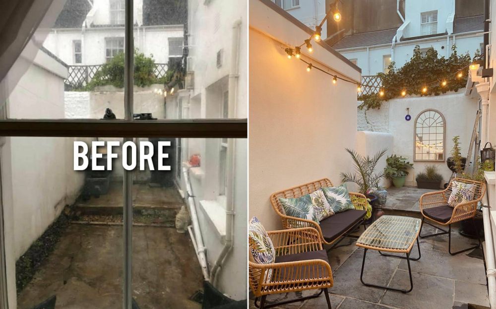 Before And After Backyard With Wicker Chairs