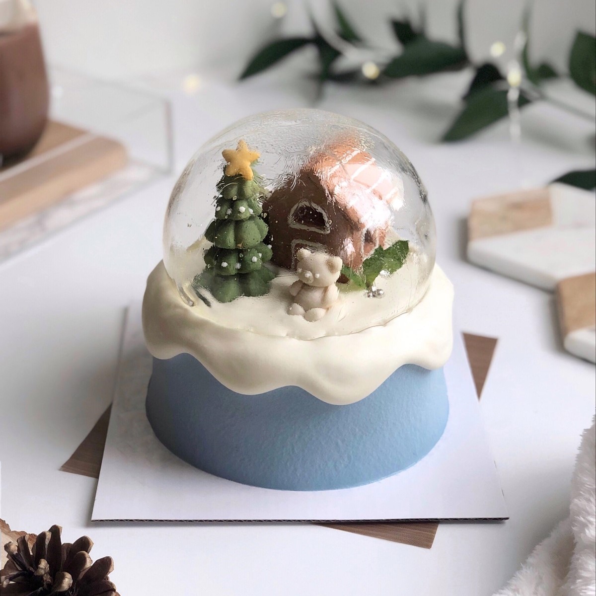 Here's The Completed Snow Globe Cake. A White Chocolate Chiffon Fresh Cream Drip Cake, Butter Cookie Decorations, And A Crystal Sugar Dome That Took Years Off My Life. Merry Christmas