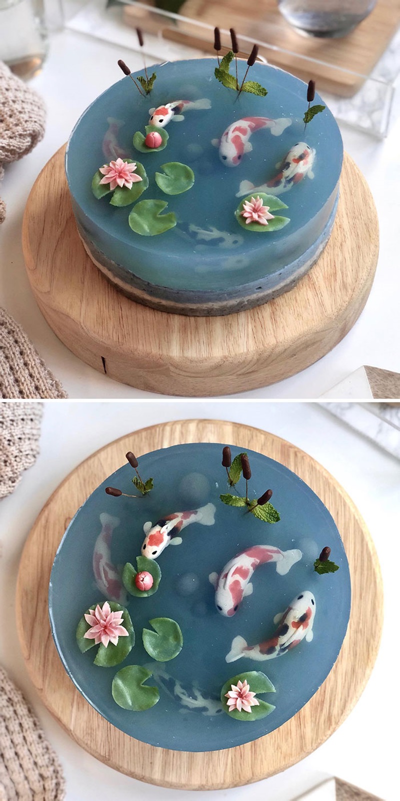 A Koi Pond Mousse Cake For Father's Day. Everything On The Cake Is Edible